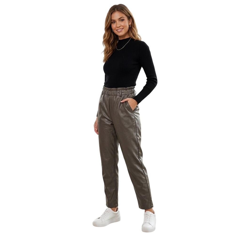 Sunny Studio Paris Faux Leather Pants Women 17/28 Olive Green Career Office Work